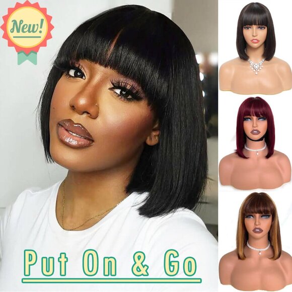Glueless Bob with Bangs, Short Straight Human Hair Wig 3x1 Lace - Picture 1 of 15